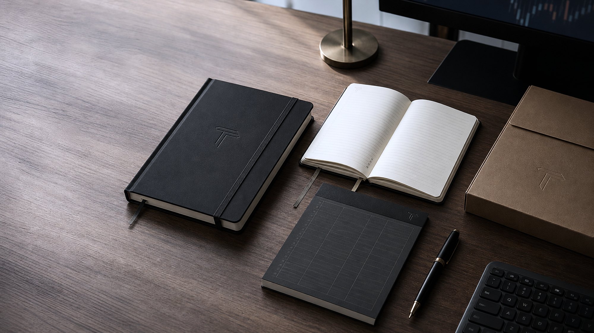 Trade Desk Co. desk setup with journal, notepad, and packaging