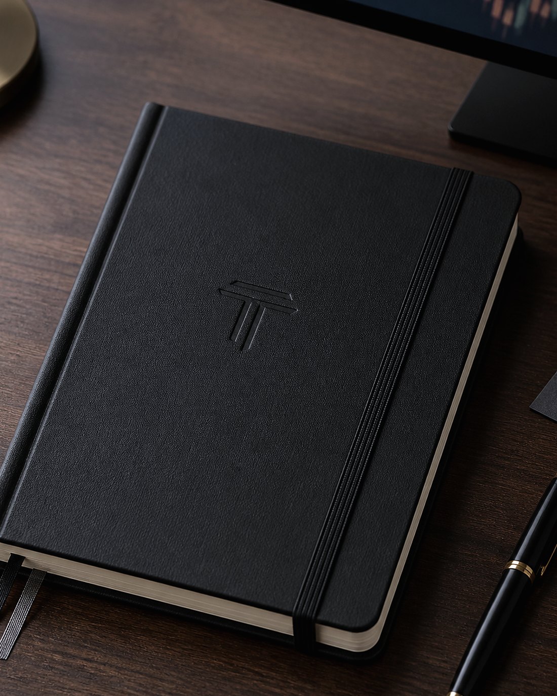 Photoreal close product image of the matte black TRADE DESK journal cover
