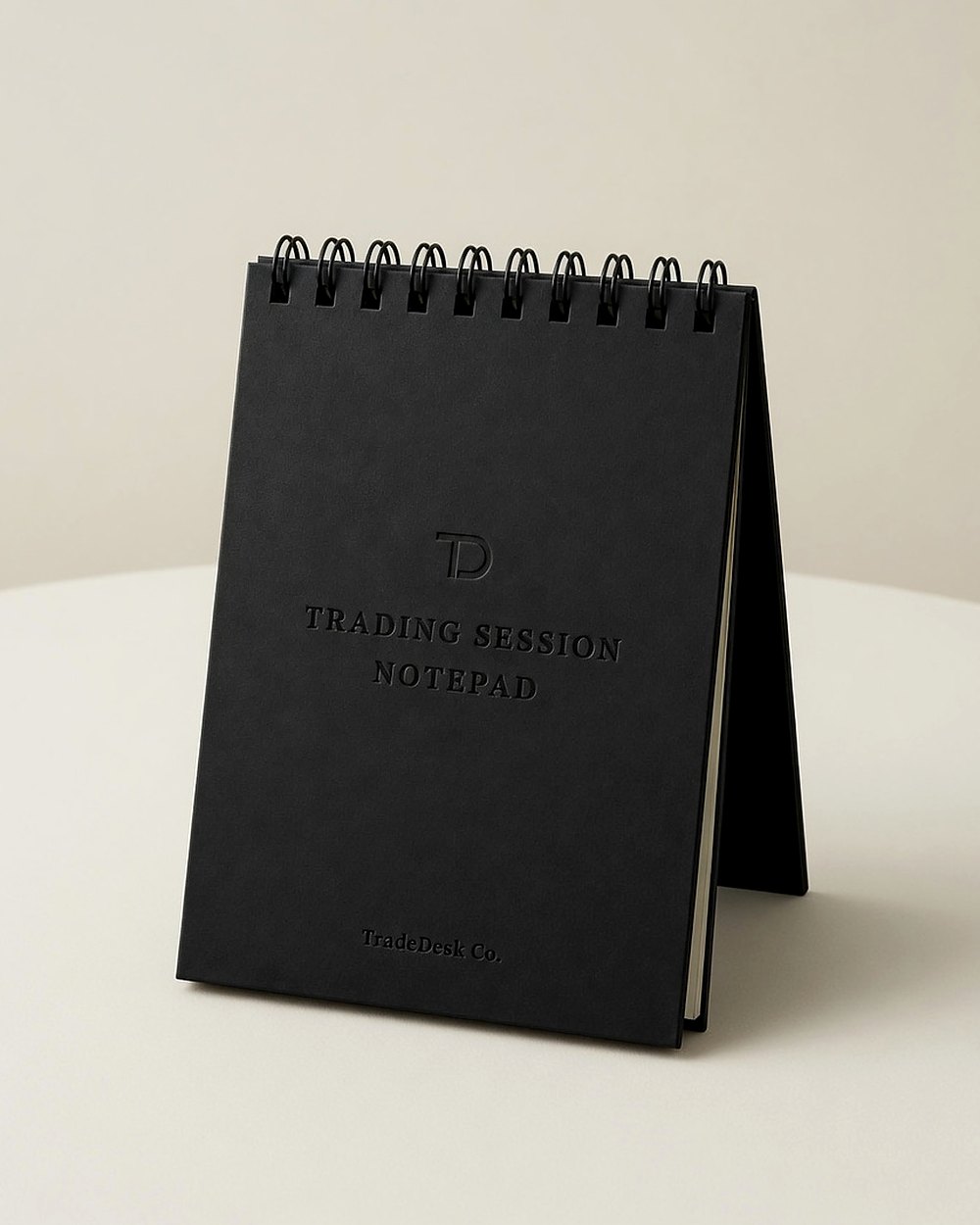 Trade Desk Co. Trading Session Notepad standing on a studio background